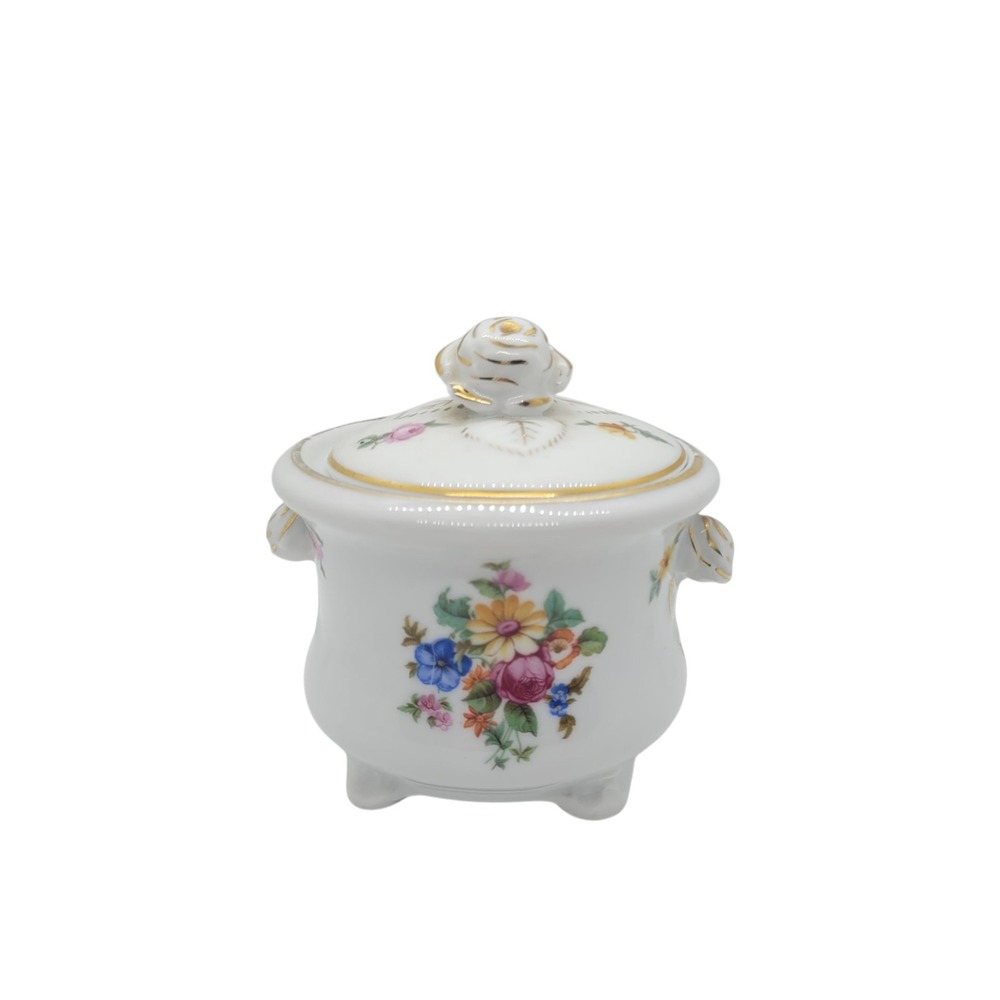 Vintage German Porcelain Floral Lidded Sugar Bowl Rose‎ Finial Gold Trim 10885